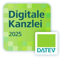 Logo für die Digitale Kanzlei 2025 von DATEV, auf grünem Hintergrund mit einer stilisierten Grafik in hellgrün und dunklerem Grün.