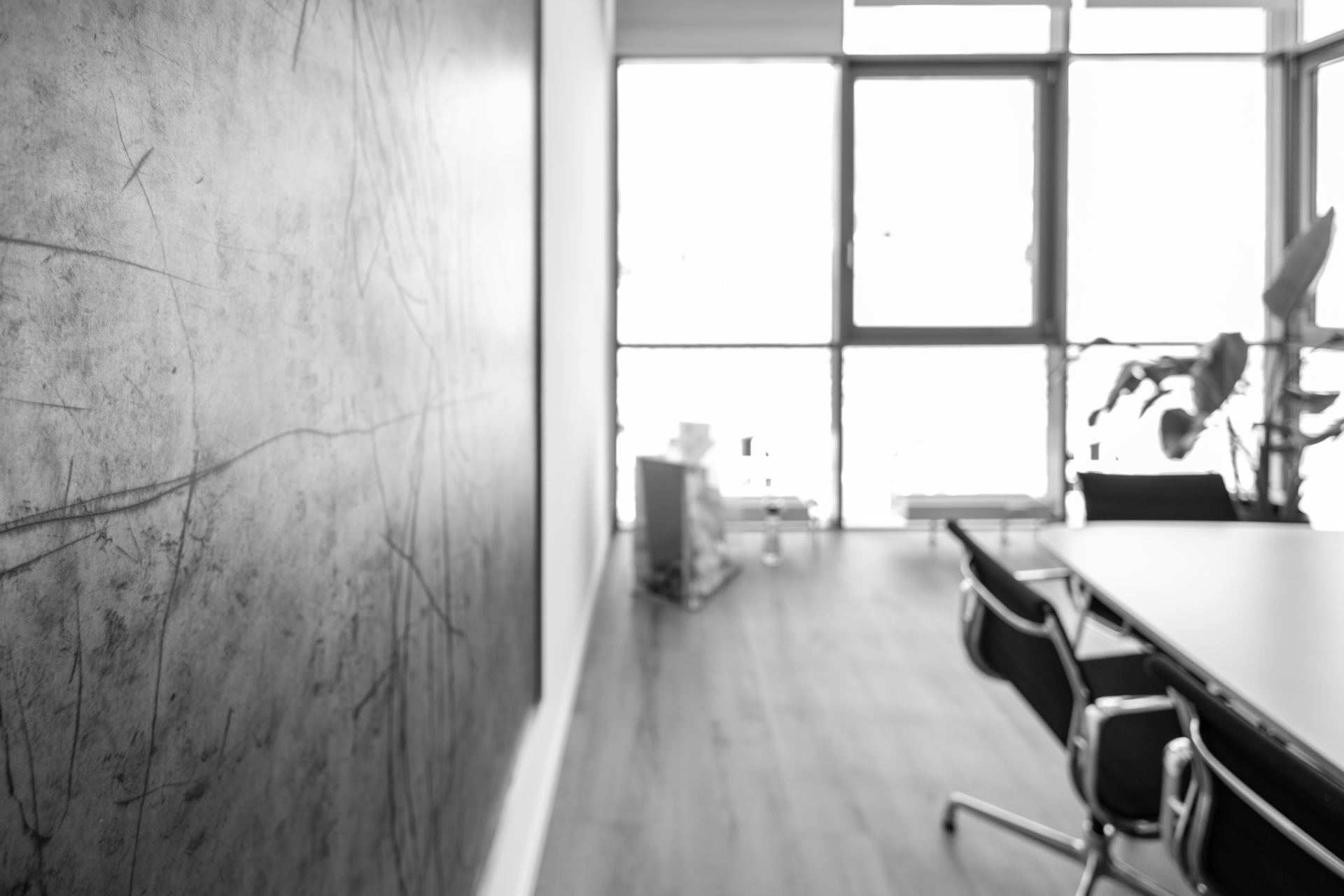 Ein moderner Besprechungsraum mit einem dunklen, strukturierten Wandbereich im Vordergrund und großen Fenstern, die viel Tageslicht hineinlassen. Rechts sind einige Stühle und ein Tisch sichtbar, während im Hintergrund eine Pflanze und ein Glasbehälter stehen.