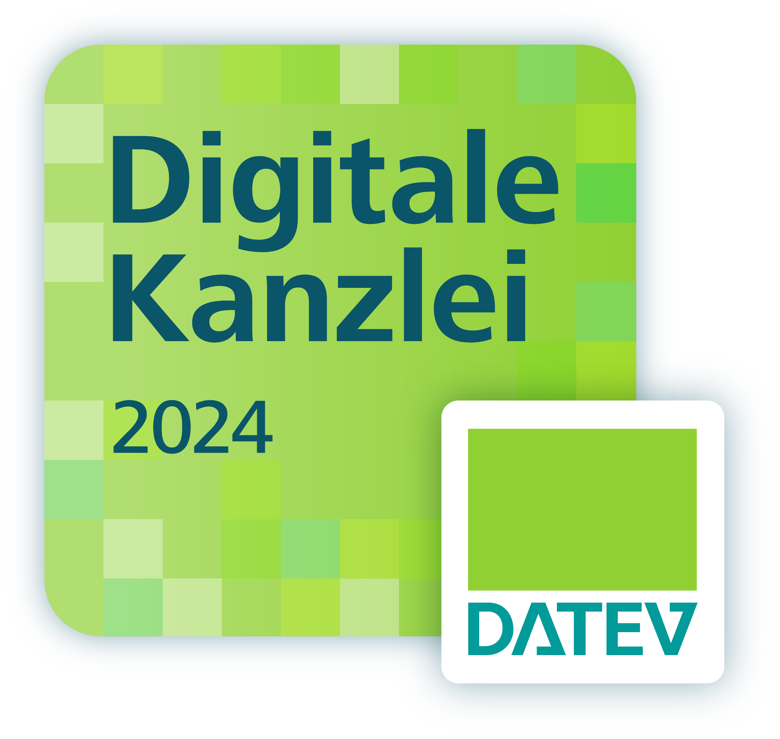 Das Bild zeigt ein Logo der "Digitalen Kanzlei 2024" in grünen Farbtönen, das in einem modernen, pixelierten Design gestaltet ist. Zusätzlich befindet sich das Logo von DATEV in der unteren rechten Ecke.