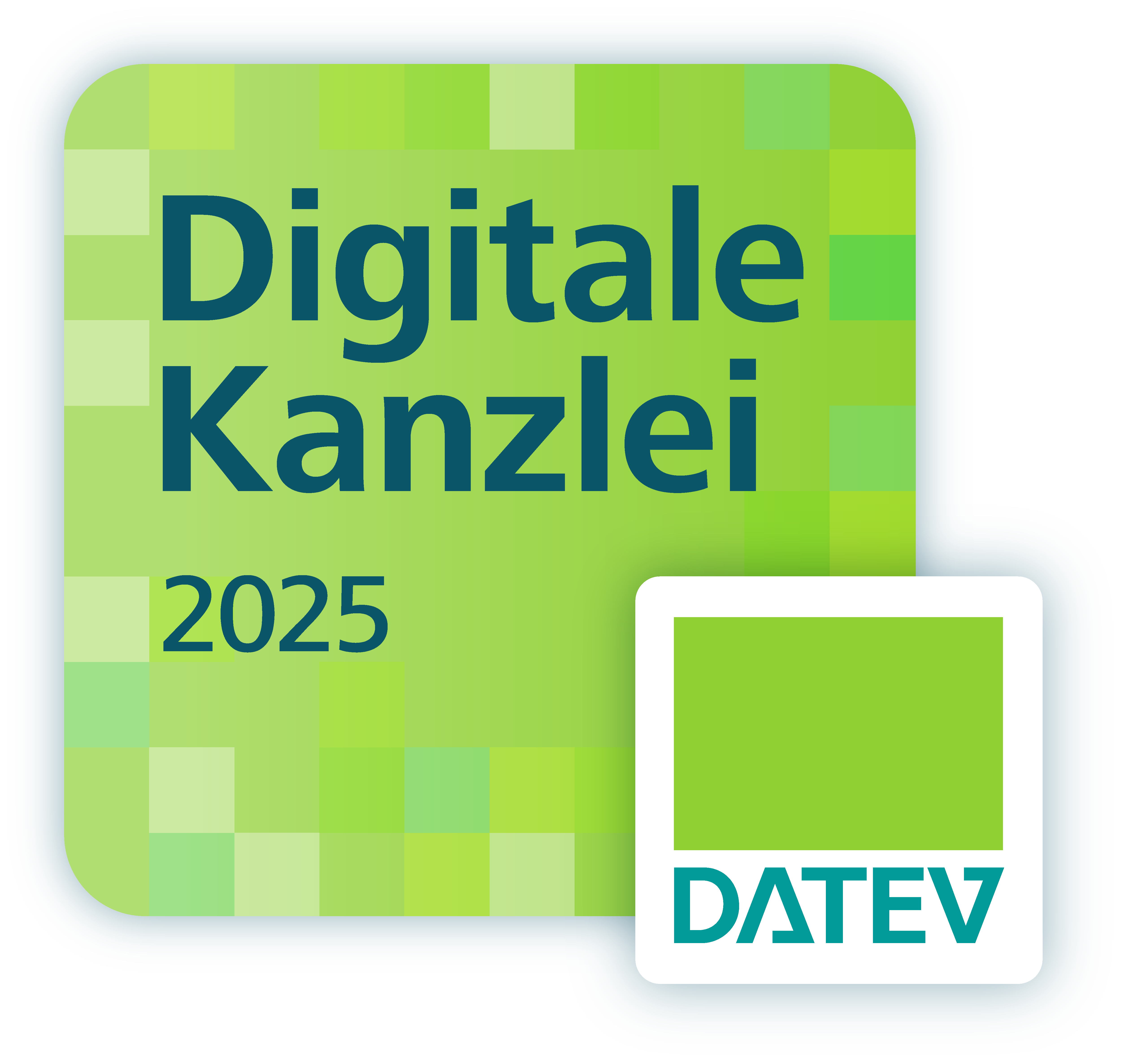 Logo für die Digitale Kanzlei 2025 von DATEV, auf grünem Hintergrund mit einer stilisierten Grafik in hellgrün und dunklerem Grün.