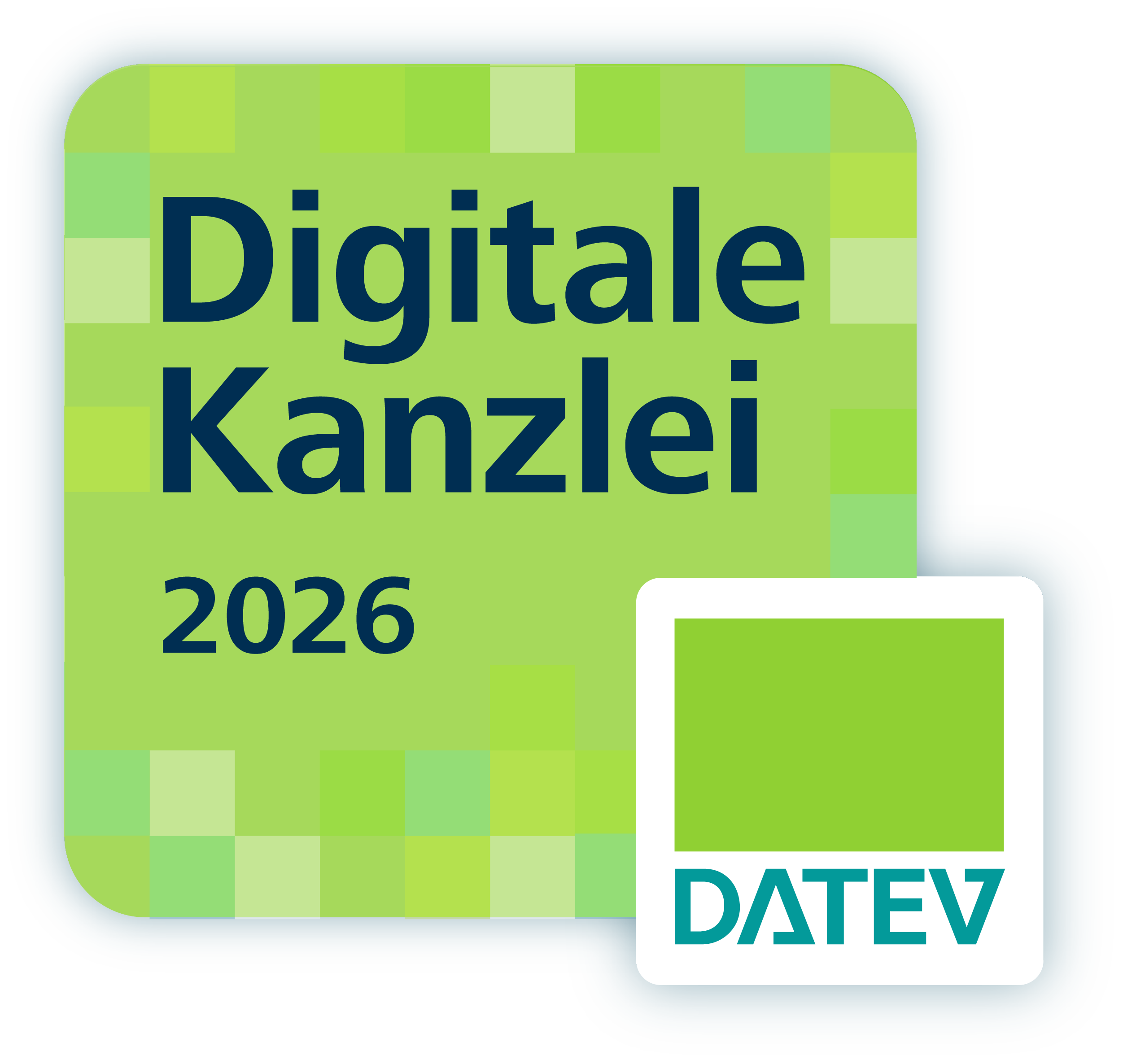 Ein quadratisches Logo mit dem Text "Digitale Kanzlei 2026" auf einem grünen Hintergrund, umgeben von kleineren, hellgrünen und dunklergrünen Quadraten, und einem kleinen weißen Quadrat mit dem Logo von DATEV in der rechten unteren Ecke.