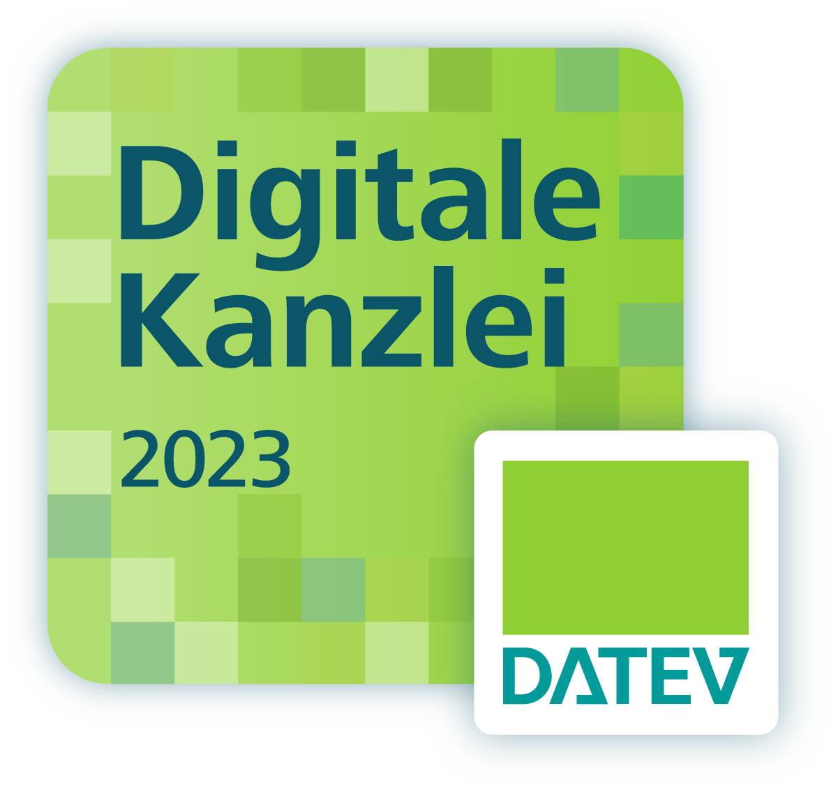 Das Bild zeigt ein Logo mit der Aufschrift „Digitale Kanzlei 2023“ in grüner Schrift auf einem hellgrünen Hintergrund. Im unteren rechten Bereich befindet sich ein zusätzliches Quadrat mit dem Logo von DATEV in einer hellen grünen Farbe.